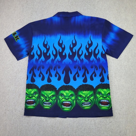 Vintage Y2K Marvel The Incredible Hulk 2002 Flames Hawaiian‎ Shirt Men's Size M - Picture 6 of 9